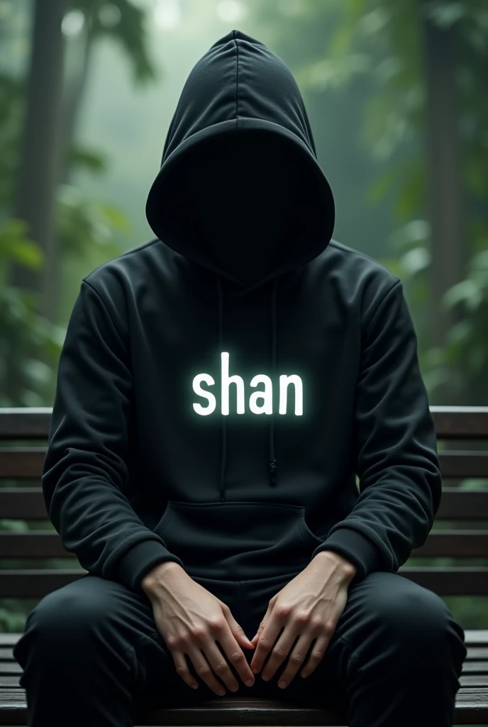 A annomus Active Young man in black hoodie, With Black face, sitting on banch , background Blur jungle,  write "SHAN" on his hoodie with stylish glowing blod latter in white color. Man hands white and smooth, hand on her lags 