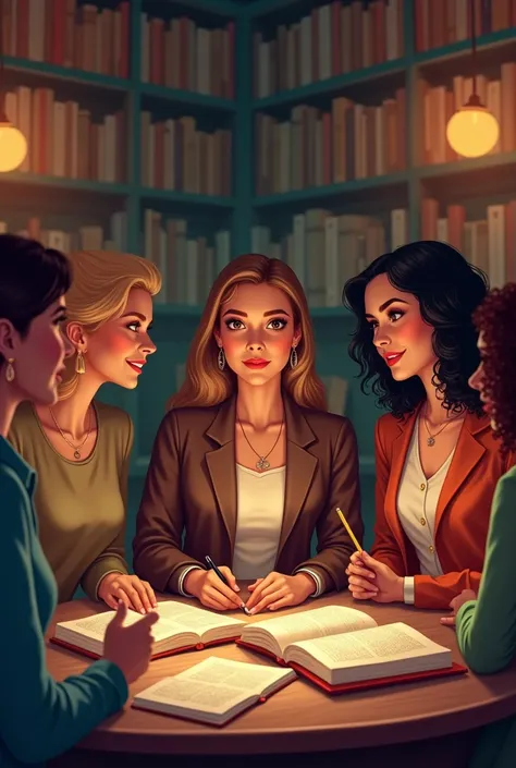 An image that reflects this content : a podcast of female readers where they talk about one book per episode and detail facts, capítulos,  phrases and how much it made them feel 