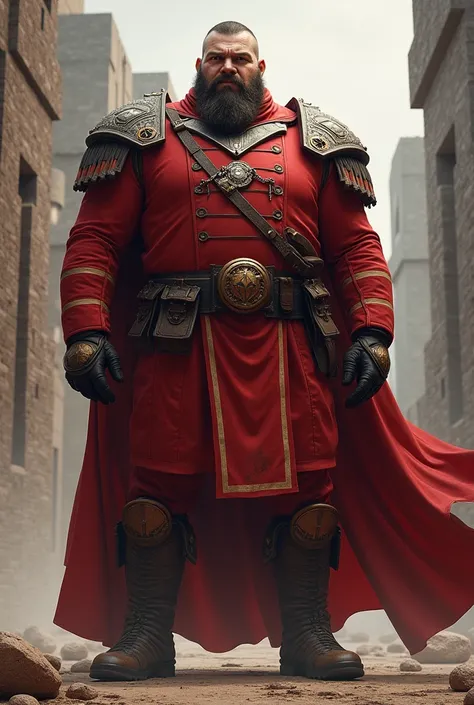 Man in a sturdy red guard suit 