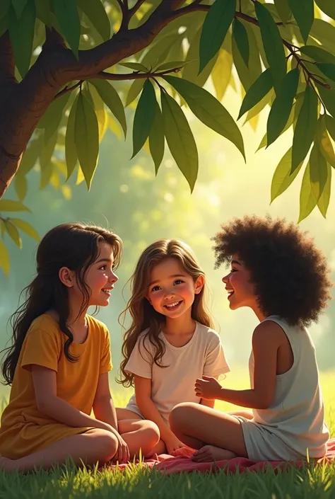 Real photo of three sisters between ten and eighteen years old chatting happily under a mango tree 