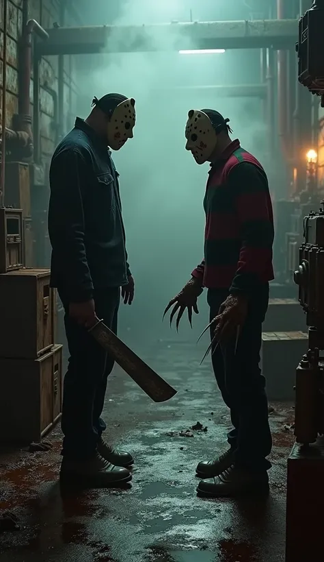 Jason and Freddy Krueger face to face each other in a scary place