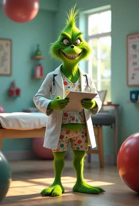 The Grinch dressed as a physiotherapist in physical therapy pajamas in his physical therapy clinic in his therapeutic gym 