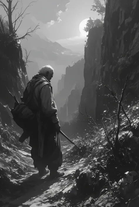 solo. tired, emaciated, wrinkled old man. look back and show face. walks down the ragged, steep path toward the back of the path. the far end of the path white-outed and lonely light fleetingly certainly shining. lonely journey ends there.dreary,drab,unim...