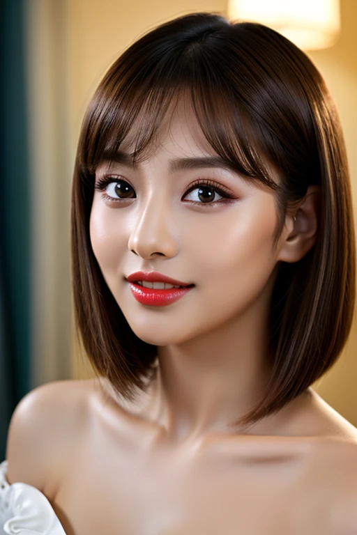 (highest quality、table top、8k、best image quality、Award-winning work)、(one young girl, :1.3)、no sleeve, (red eyeshadow:1.2)、perfect makeup、long eyelashes、Super high-definition sparkling eyes、ultra high definition hair、ultra high resolution glossy lips、Super...