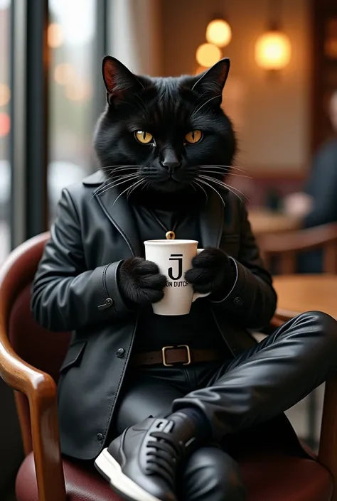 UHD, hyper realistic, black cat, looking serious and sophisticated, von dutch shirt, leather pants, Jordon shoe, sit relaxed at cafe, holding a cup coffee