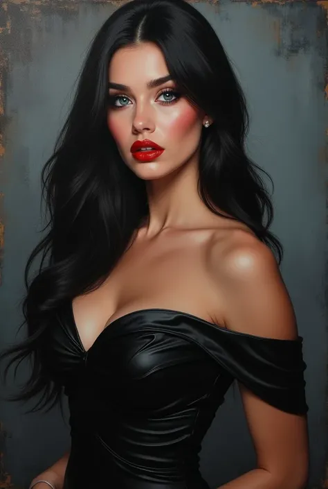  hyperrealistic oil painting. 19 year old woman,  extremely beautiful Canadian UNREAL with marked and extra thin features ( Marked cheekbones ),  thin nose thin small extra small , extra thin skin, white as snow. She has long straight jet-black hair ,  MER...