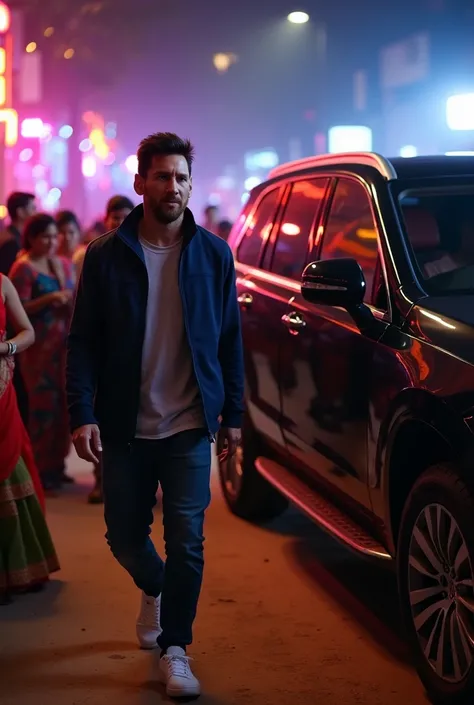 After his meeting with Narendra Modi in a rural Indian setting, Lionel Messi arrives at a lively song party in a luxury black SUV. He steps out of the car, dressed in a casual navy blue jacket, dark jeans, and white sneakers, and walks towards the vibrant ...