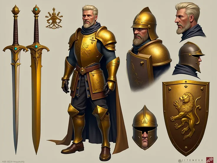 1. Height: 63" (1.90 m), with an imposing presence.
2. Hair: Short, blond, and well-groomed.
3. Eyes: Bright blue, with a noble gaze.
4. Beard: Short, well-maintained, with golden streaks.
5. Skin: Tanned, reflecting his outdoor life.

Golden Armor

1. Col...