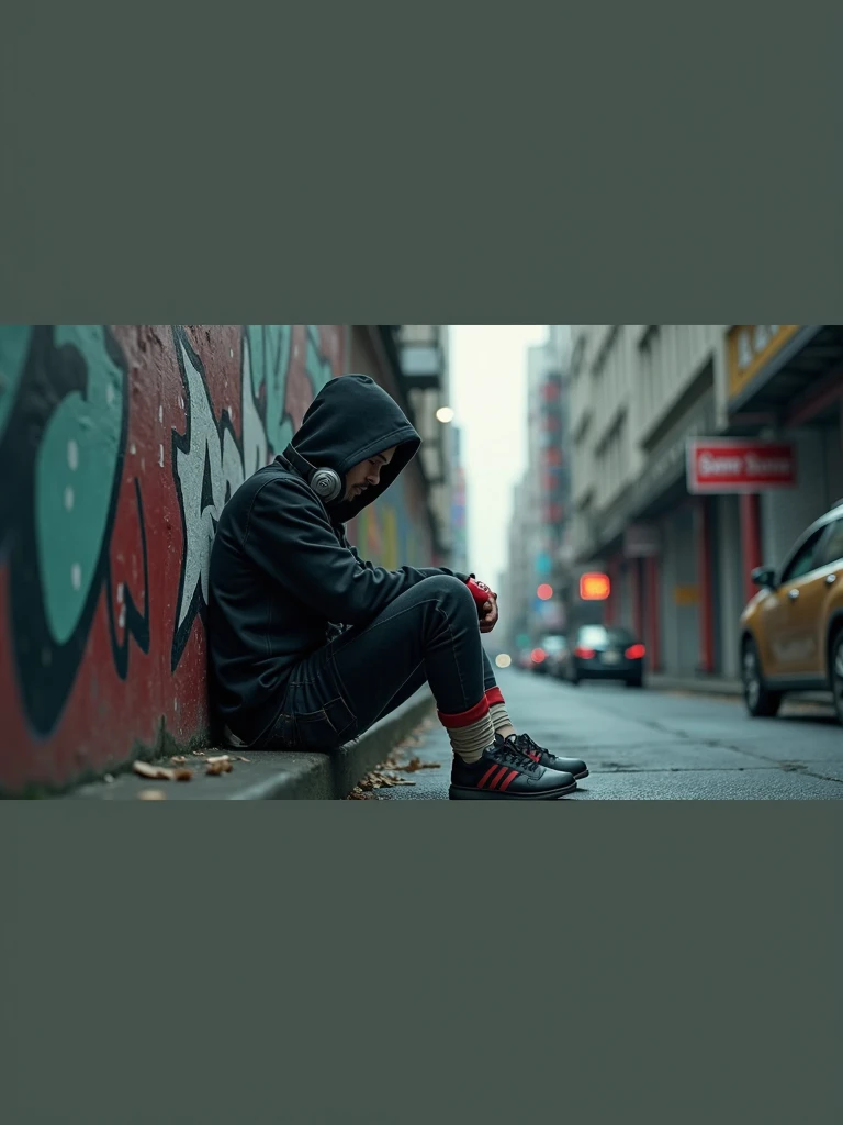 A man with a hood and headphones around his neck sits with his back to a graffitied wall in the middle of the city, hands wrapped in muai thay bandages  8K --