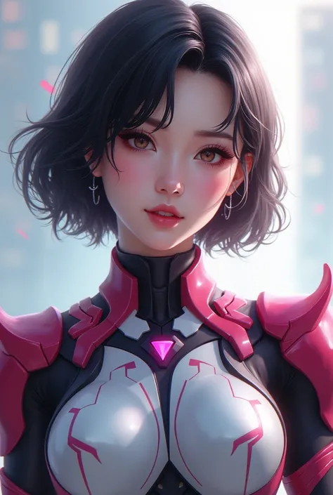 "Create a detailed character portrait of a 22-year-old Korean woman wearing Kamen Rider Femme-inspired armor. The armor should be sleek, futuristic, and styled with intricate details that reflect the characters elegance and strength. Her face is fully visi...