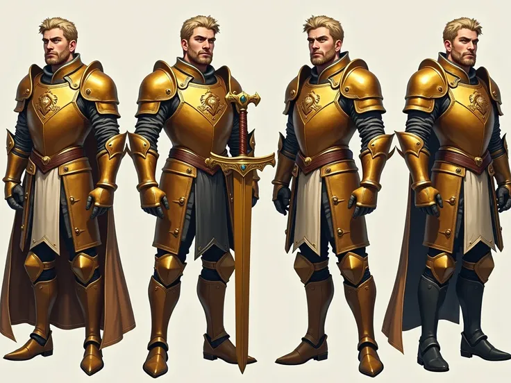 1. Height: 63" (1.90 m), with an imposing presence.
2. Hair: Short, blond, and well-groomed.
3. Eyes: Bright blue, with a noble gaze.
4. Beard: Short, well-maintained, with golden streaks.
5. Skin: Tanned, reflecting his outdoor life.

Golden Armor

1. Col...