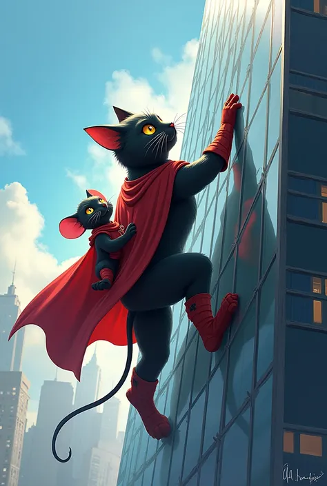 A superhero cat and a superhero mouse climb a tall building