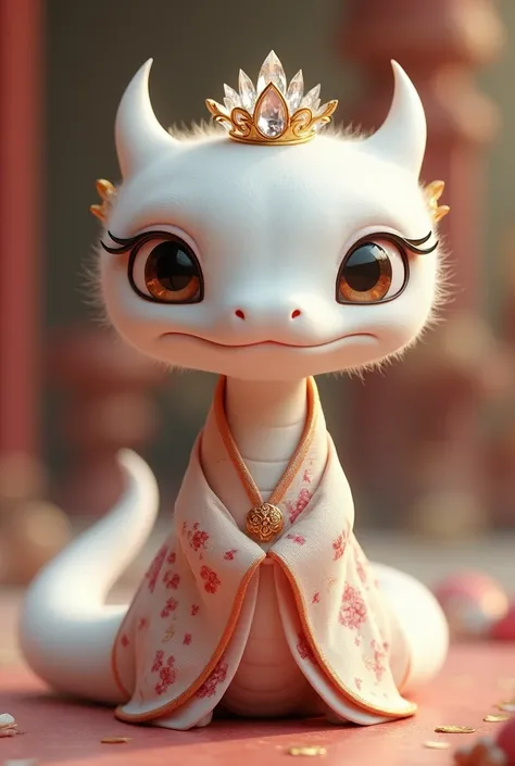 Pixar style super cute anthropomorphic white snake， Wearing Hanfu，Wearing a crystal crown on his head, permanent, Charming big eyes, Cute tail, permanent, Surreal, Super fine, posh, Graceful standing, Charming big eyes, Cute tail, permanent, Surreal,  supe...