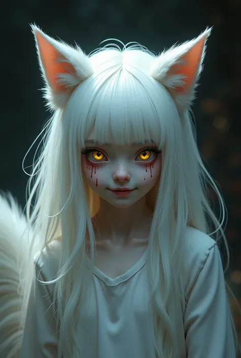  an albino girl, with wolf ears and tail, white hair and yellow eyes, with blood on the face, smiling