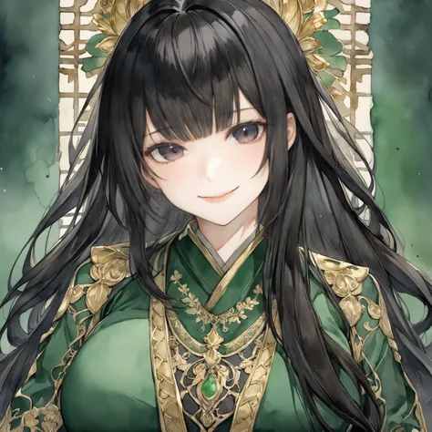 break(（30-year-old female:1.5）, （mature:1.3）,(Acrylic watercolor painting (strong):1.6)）、Black Hair、beautiful long hair 、 dark eyes、clothing（ luxurious green robe、Big Breasts:1.5、gold embroidery 1.3、Nobility 1.3）、break(（smile:1.5）)、background（smudged black...