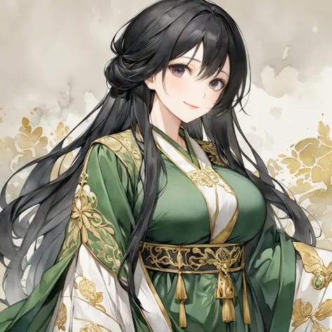 break(（30-year-old female:1.5）, （mature:1.3）,(Acrylic watercolor painting (strong):1.6)）、Black Hair、beautiful long hair 、 dark eyes、clothing（ luxurious green robe、Big Breasts:1.5、gold embroidery 1.3、Nobility 1.3）、break(（smile:1.5）)、background（smudged black...