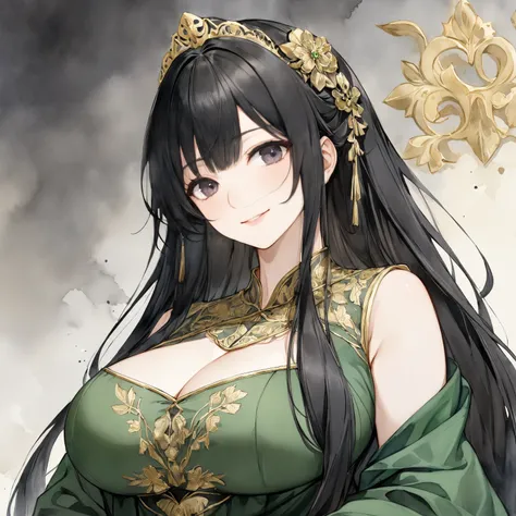 break(（30-year-old female:1.5）, （mature:1.3）,(Acrylic watercolor painting (strong):1.6)）、Black Hair、beautiful long hair 、 dark eyes、clothing（ luxurious green robe、Big Breasts:1.5、gold embroidery 1.3、Nobility 1.3）、break(（smile:1.5）)、background（smudged black...