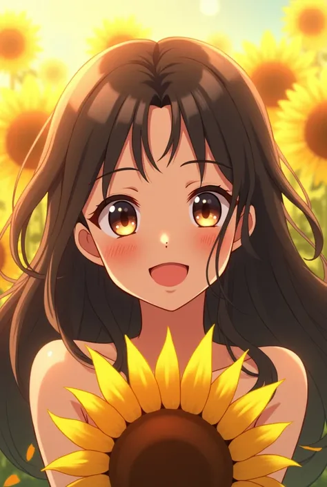 personification of sunflower,long black hair,girl,big smile,アニメ