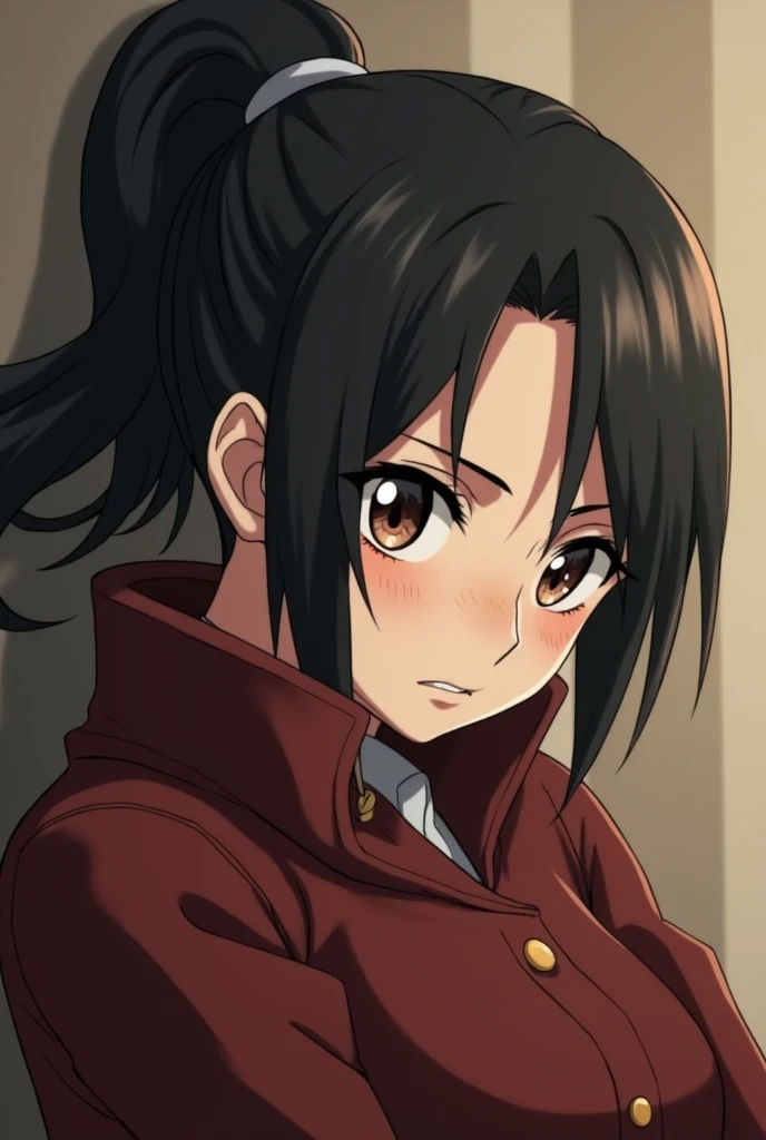 Mundo attack on titan ,  female soldier of Shingekis interim legion ,  black hair in a tall ponytail with a small fringe and freckles around a pronounced nose,  reddish lips and light brown eyes with long eyelashes , frown while embraced by Captain Levi Ac...