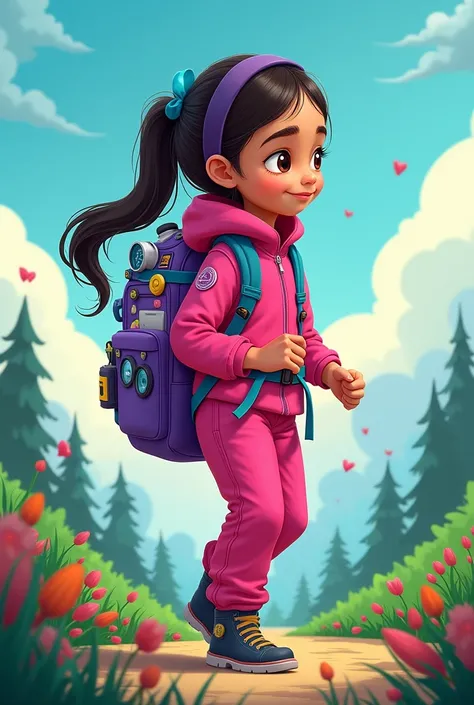 Cover with a girl in pink jumpsuits and purple adventure backpack with the title The Adventures of Eli