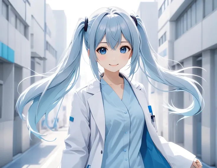  anime characters wearing white coats ,  Light blue long hair、 beautiful female [doctor with a twin tail hairstyle  、smile、smooth anime cg art,    wearing a white hospital gown   ,   and a blouse , With a Stethoscope, [[[doctor, makoto shinka,    wear a wh...