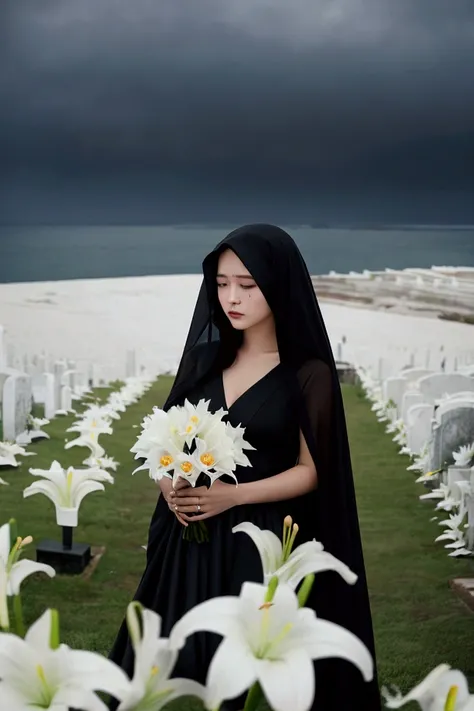 woman in mourning attire, wearing a black dress with a veil, standing in a cemetery on a hill overlooking the ocean, tears streaming down her face, holding a bouquet of white lilies, windy atmosphere, emotional expression, soft lighting, overcast sky, mela...