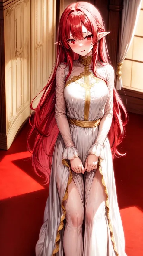  anime girl image,red eyes, red hair,Elf ears,eleven, white dress ,long skirt,Milf,adult woman, long hair , wavy hair ,beautiful, seductive face , seductive face ,Dressed like an angel, with gold detail on the waist , with transparent lace sleeves,with gol...