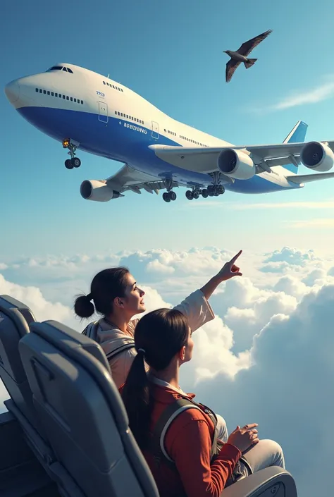 Prompt:
" A colossal Boeing 747 flying high above the clouds ,  with the camera positioned directly above the plane .  At the top outside of the plane ,  a woman and a   are seated in an airplane seat ,  both properly fastened with seat belts . the woman, ...