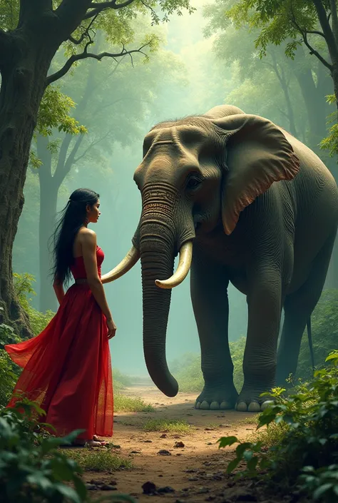 the warrior wear red dress face off elephant in the forest 