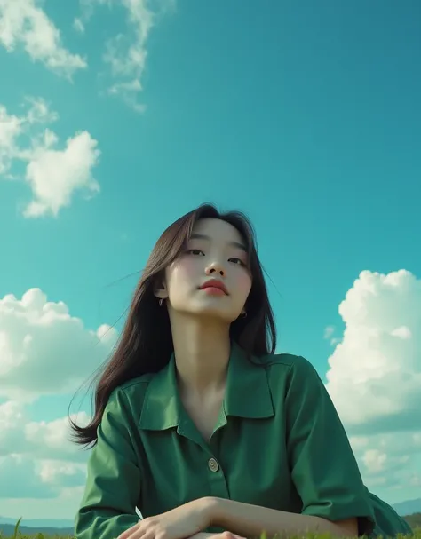 asian woman with long, dark hair is laying on the ground against a backdrop of a blue sky with fluffy white clouds. She is dressed in a green collared shirt with button details. The colors are predominantly green and blue, with soft lighting creating a cal...