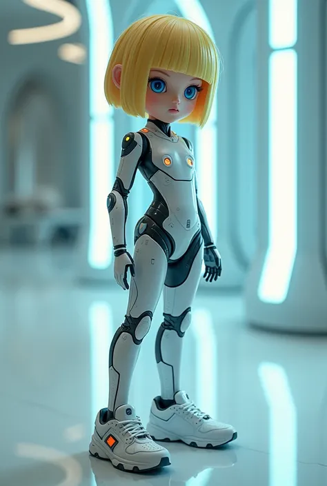 Does a  with blond hair cut 

And it has a futuristic look with very futuristic sneakers on the foot, blue eyes and a few different technologies, less robotics 