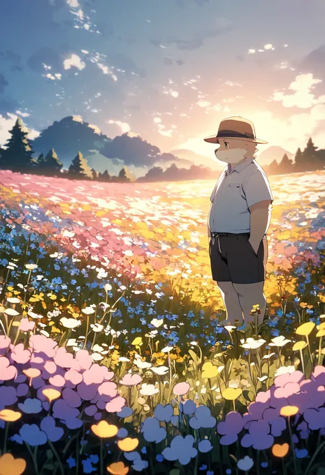 chubby, cute, shota, kemono, fur, flower field, tall flowers, standing, beautiful scene, opposite view, front light, wearing shorts, short shirt hand, hat on, hat in hand