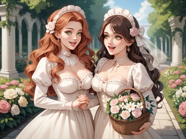 (masterpiece), best quality, expressive eyes, perfect face, two women, British,  long straight dark brown hair , golden eyes , pale skin,  naturally pink lips ,  hourglass body ,  Wearing translucent Victorian blouses,, firm and round breasts ,  small wais...