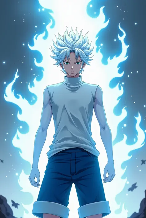 Luffy anime white hair and a power coming out of the hair white turtleneck shirt blue shorts 