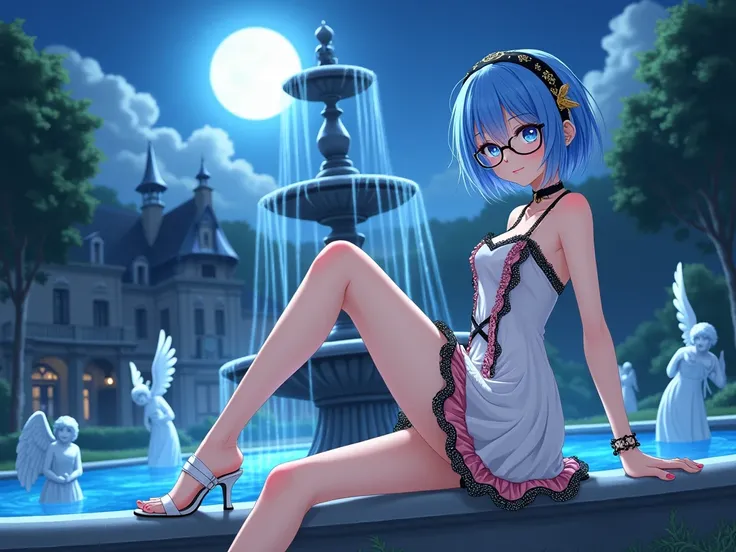 anime,  very beautiful woman,  short blue hair ,  bright blue eyes , short white dress with black and pink details, glasses, white sandals,  a fountain with angels , Medieval town, Evening, full moon, Palace garden, black and gold headband.