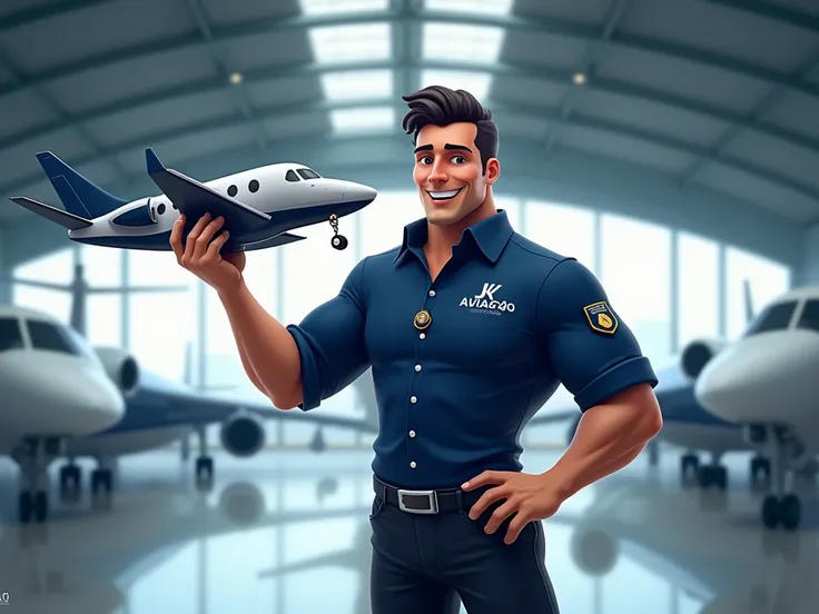 Realistic style, a professional and confident character designed as a mascot, wearing a shirt with the JK Aviação logosymbol in the dark blue colorholding a sleek executive airplane in his right hand. The character has a badge (crachá) on the shirt and is ...