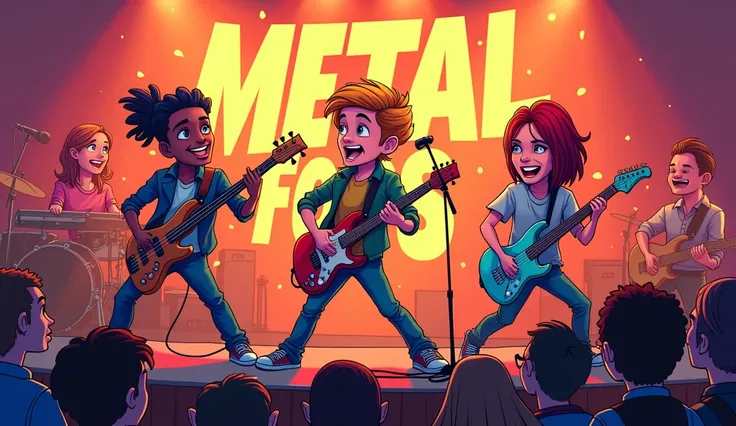  a rock band composed of young ren playing in front of an audience composed of ren using comic cartoon style and text in the background "Metal for s "
