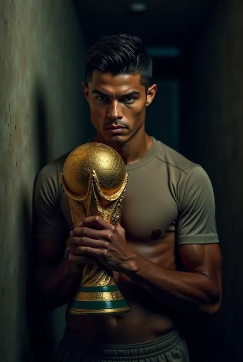 Generate Cristiano Ronaldo hiding with a World Cup 