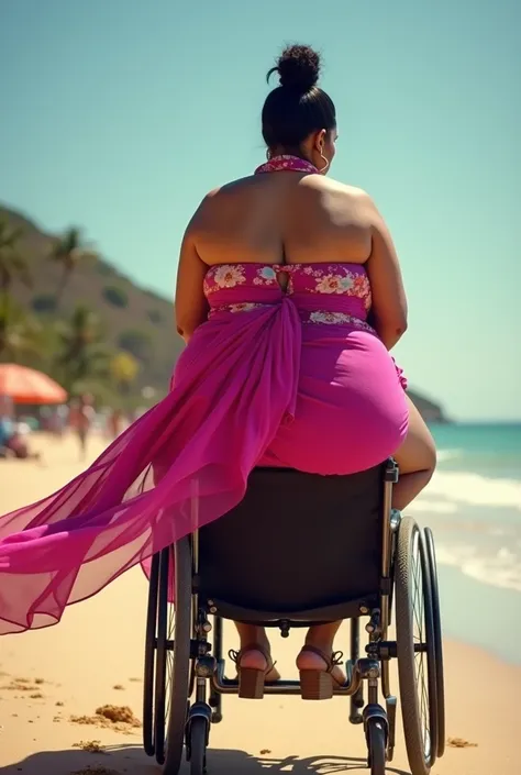 A curvy plus size dusky indian aunty wearing a  majenta color beach sarong is riding on the shoulders of a man who is sitting on a wheelchair. Auntys hair is tied in a bun and she is wearing high heels. Show this view from the back . 