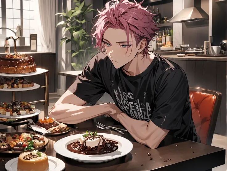 Handsome, solo, beautiful man, dark pink hair, hairstyle that shows his forehead, short hair, He is wearing a T-shirt, there is a table with luxurious food, a soccer ball is placed on a plate in the center of the table, and he is holding cutlery, Chocolate...