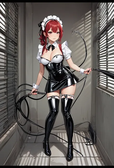  top quality )), (( masterpiece fails)), ( in detail),  sexy,25+,Japanese,The girl is cute,  model-looking whip in his hands, latex maid costume ,  maid headband , long latex skirt , long latex shirt ,red latex apron, latex tight boots ,covers the whole bo...