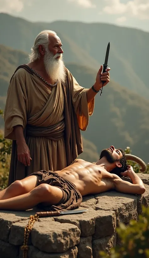 A highly detailed and ultra realistic 8k image of, Abraham, 90 years old, raising a small knife in one hand, looking up to the sky with tears in his eyes, with his son Isaac, , lying on a stone altar, with his hands tied and blindfolded, on Mount Moreá, wi...