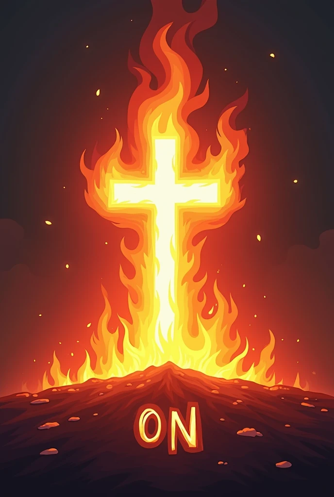  A single realistic flame of fire in the background with orange colors, reds,  add a white religious cross in front .  Dramatic animation , exaggerated.
 More realistic, full drawing , bottomless.  Add the word  "ON ",  at the bottom and centered and lower...