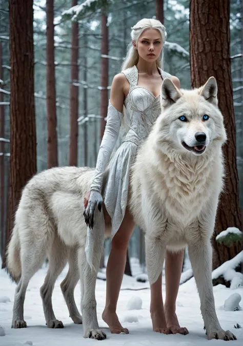 A cinematic, hyper-realistic image of a hybrid creature—a fusion of a young woman and a white wolf—standing in the same snow-covered forest. The creature has the graceful human-like upper body of the woman, with wolf-like ears and sharp blue eyes. Her lowe...