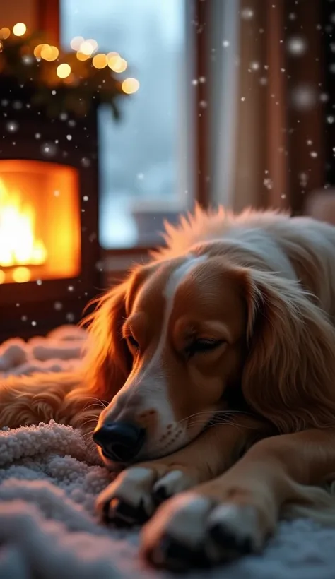 A sleeping Afghan Hound, in a cozy winter scene with a fireplace and snow falling outside the window. The dog is deeply asleep, with its head resting on its paws. The scene is peaceful and serene, with warm lighting and a sense of tranquility.  The image s...