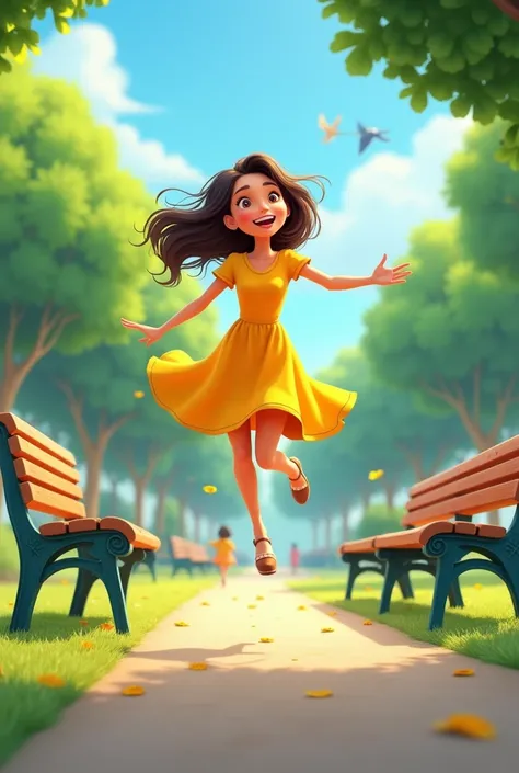  Creates an image of the following :  Joy jumped between the park benches.  In her bright yellow dress , shout:
 — Lets go , Equipment! If everyone smiled more ,  this problem would be solved in an instant . Make it animated like a cartoon 