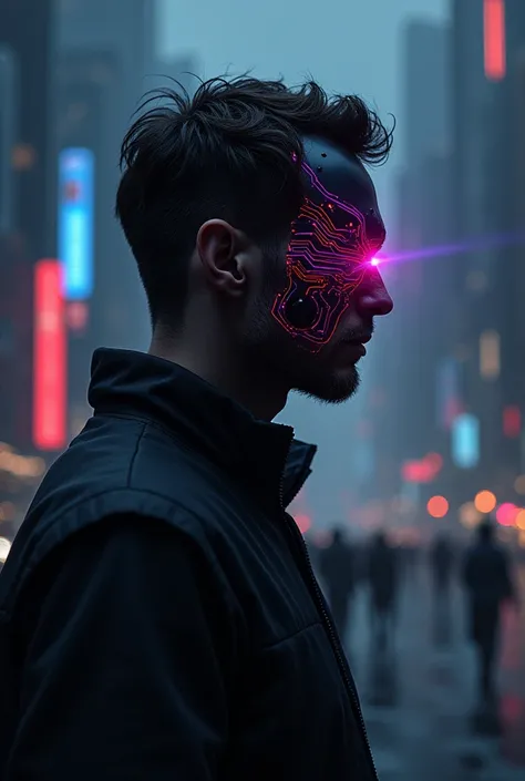 A mysterious portrait of a man with half his face covered in sleek black cybernetic plating, glowing red and purple circuits, standing against a dark city skyline filled with towering holograms and flying vehicles.