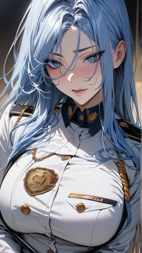 masterpiece , modern, Verism, masterpiece, super detail, best quality, 4K ,((Adult face)), woman,Wearing a white coat,Mature woman アメスク Rubia ojos azules 
Cabello azul, Plano americano, Cabello largo, Senos grandes, Ojos azules,Police uniforme Sexy
