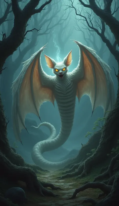 A mystical fusion creature combining a bat and a white snake, with the bats wings emerging seamlessly from the snakes body. The creature has glowing, piercing eyes and an otherworldly, eerie aura. The background is a dense, dark, and terrifying forest shro...