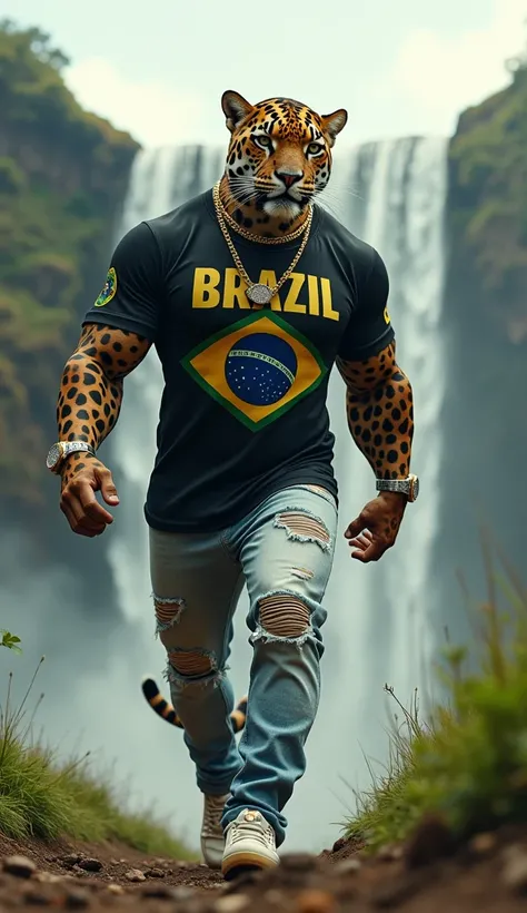 Jaguar walking, with voluminous muscles, dressed in a tight t-shirt with the name Brazil printed on the shirt, in the colors of the Brazilian flag, ripped light jeans, light casual sneakers, sunglasses, 18 gold chain, luxury watch with diamonds on the left...